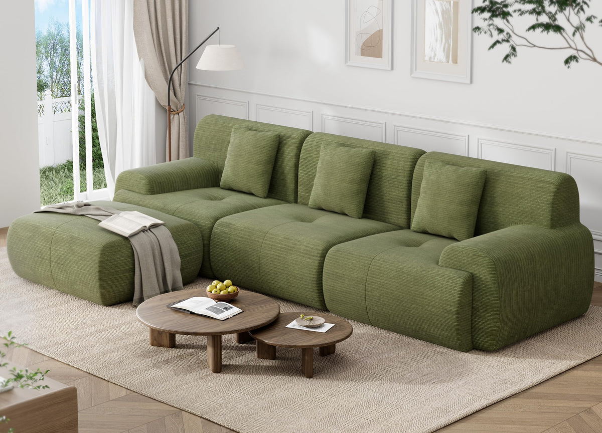 U Shaped Sectional Couch, Modular Cloud Couch Sofa, Boneless Sectional Sofa with Corduroy Fabric, Large Couches for Living Room,Green