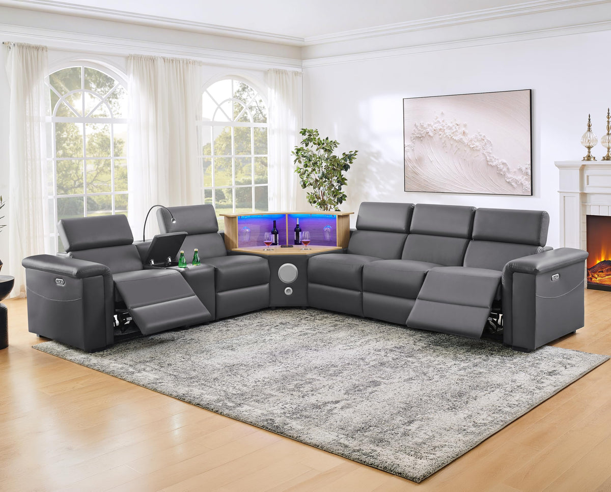WinJoy 130" Power Reclining Sofa, 5-Seat Air Leather Lift Sectional,Grey