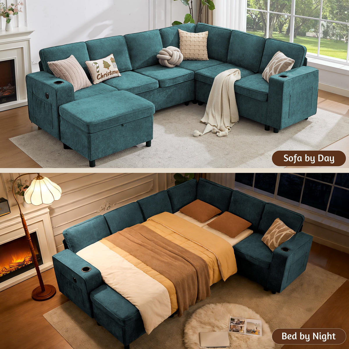 107" Modular Sectional Sleeper Sofa with Pull Out Bed, 7 Seat U Shaped Couch with Storage Ottoman, USB Port & 6 Pillows, Sectional Couches for Living Room & Apartment, Modular Cloud Couch, Green