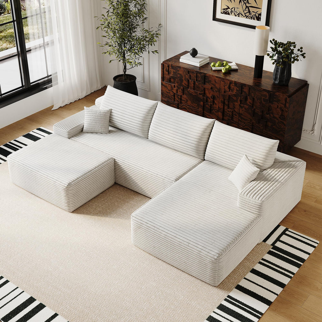 107" Plush Corduroy Deep Seat Chaise Lounge Indoo, Modern Boneless Compressed Floor Sectional Sofa with High-Resilience Foam, Free Combination Modular Cloud Sectional Sofa for Living Room, White