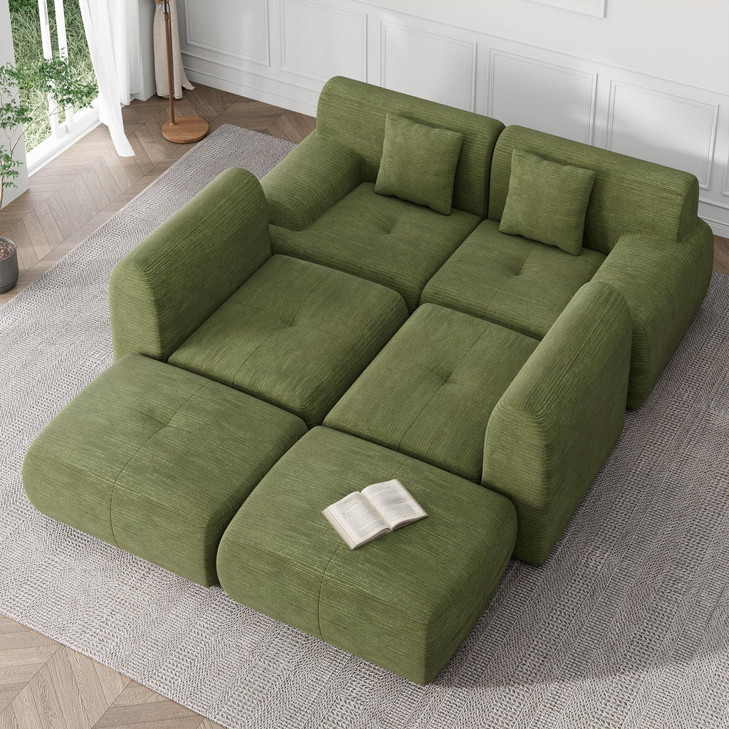 U Shaped Sectional Couch, Modular Cloud Couch Sofa, Boneless Sectional Sofa with Corduroy Fabric, Large Couches for Living Room,Green