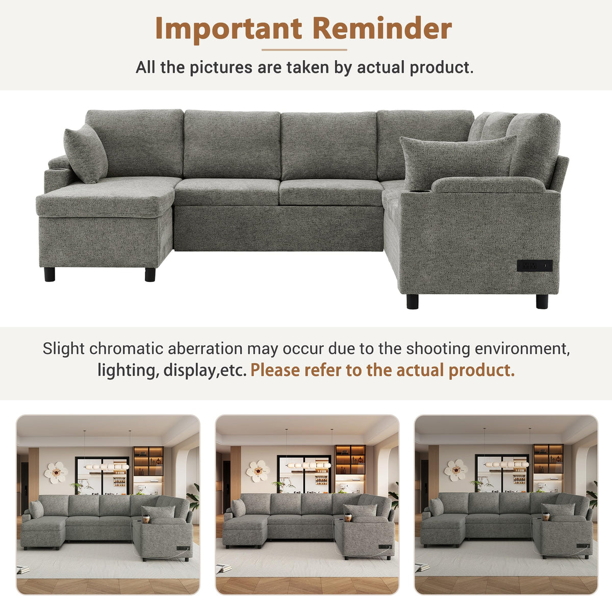 109.9" U-Shaped Sectional Sofa Bed Light Grey, Convertible Sofa with Storage Chaise, Built-in Cup Holders & Charging Ports, Chenille Fabric Living Room Furniture
