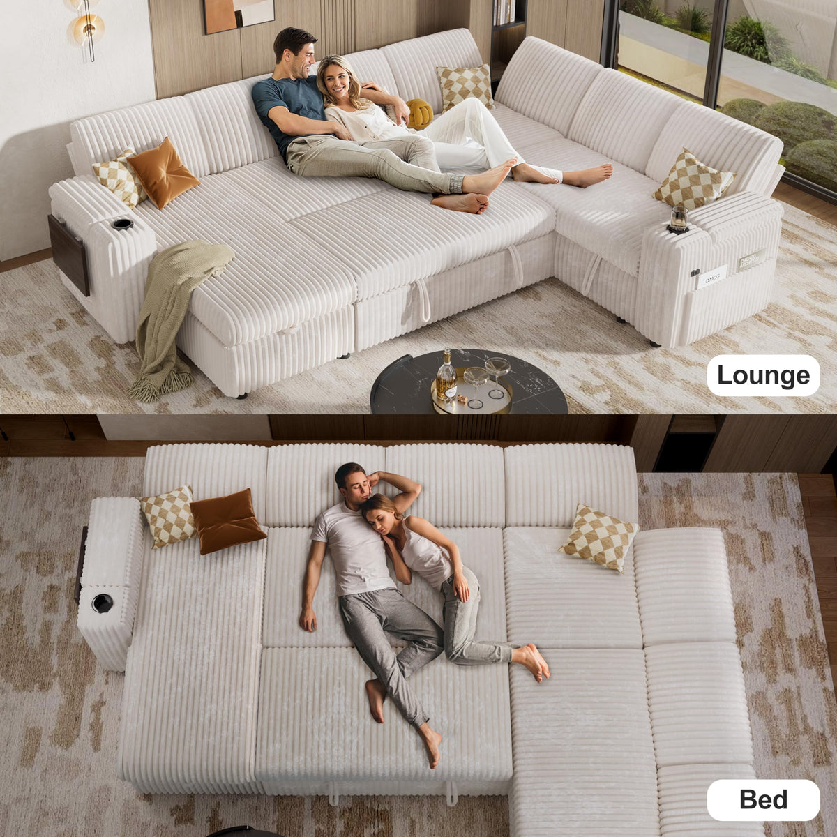 Vipbear 111" Modular Sectional Sleeper Sofa with Pull Out Bed, 7 Seat Plush Corduroy L Shaped Couch with Reclining Backrest|USB|Cupholders|Side Table|Storage Chaise Armrests, Beige