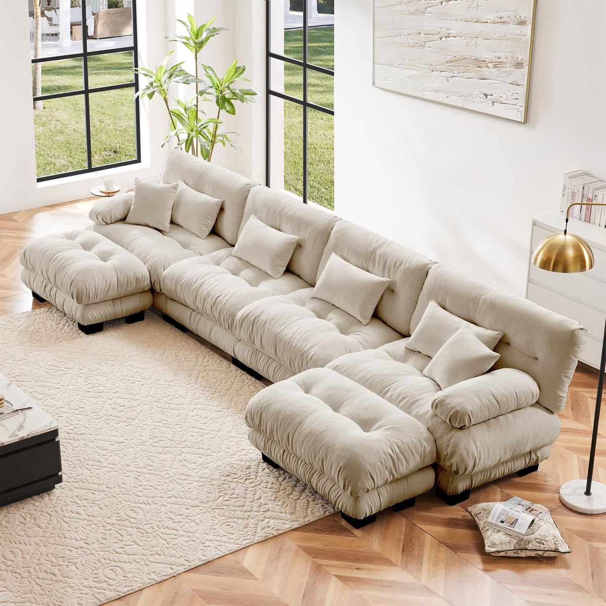 130" Modular Sectional Sofa,Velvet Upholstered Couches for Living Room,3 Seater Green Sofa Couch with Movable Ottoman,Big Comfy Loveseat Sofa with Deep Seats for Living Room,Apartment,Bedroom