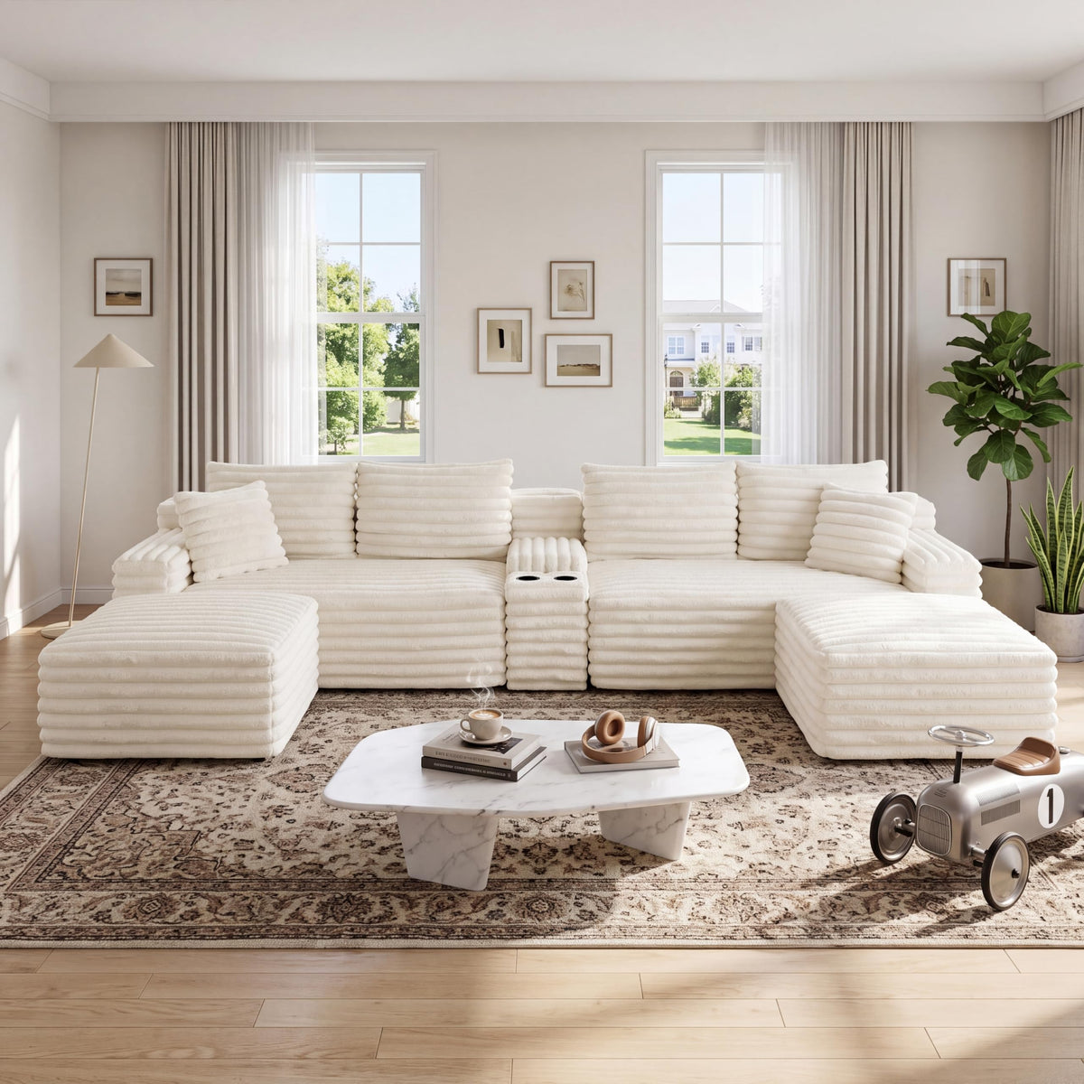 127" U-Shaped Symmetrical Cloud Sectional Couch for Living Room, Compressed U-Shaped Modular Sofa Boneless Sectional Sofa Couch with Chaise Lounger and Console, No Assembly