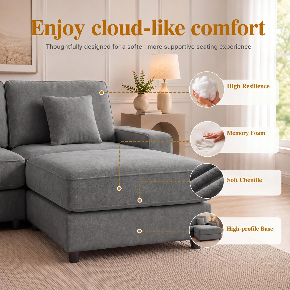 Vipbear 114" Modular Sectional L Shaped Sofa Couches,for Living Room,Oversized Cloud Couch with Movable Ottoman,Comfy Chenille Sofa with Pillow,Side Pockets,Bedroom,Apartment,Dark Gray