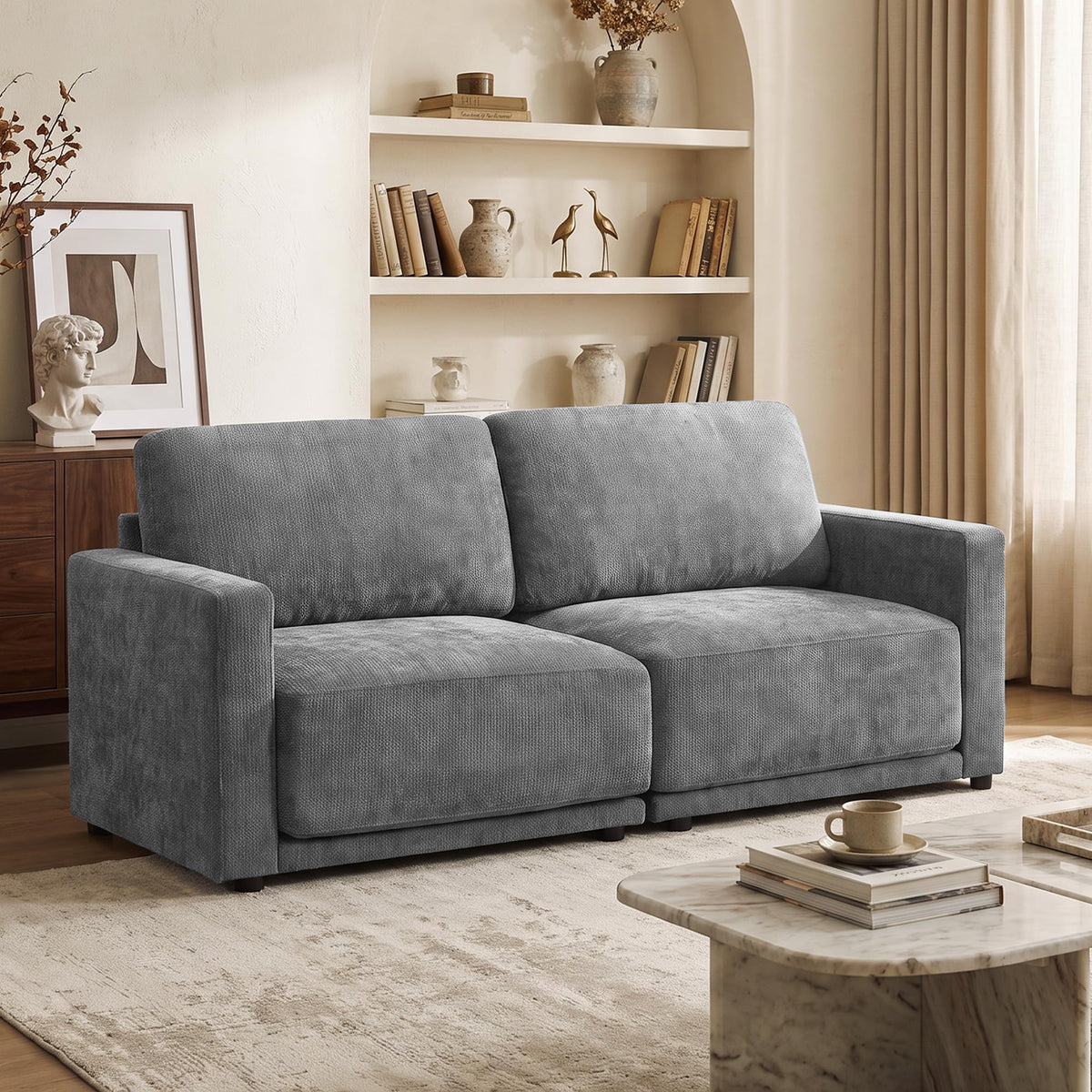 110.6" Modular Sectional Sofa with Ottoman, Upholstered L Shaped Sectional Couch with Thick Cushions, Oversized Chenille Comfy 4 Seater Sofas for Living Room, Easy Assembly, White