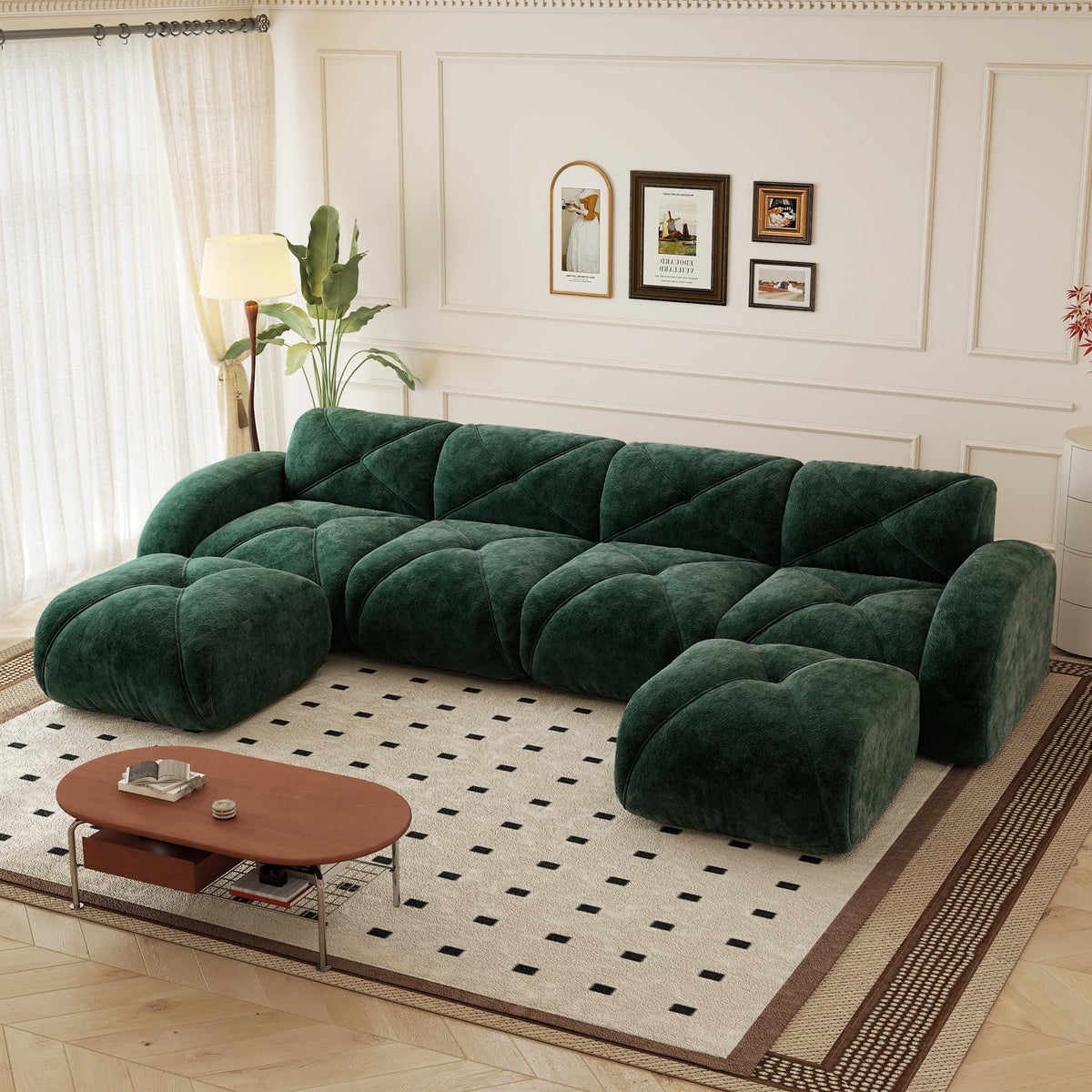 110.6" U Shaped Boneless Couch with Ottoman, Convertible Modular Sectional Cloud Sofa, Deep Seat 5 Seater Velvet Couch, 32D High Density Foam Sofas for Living Room, No Assembly Required, Camel