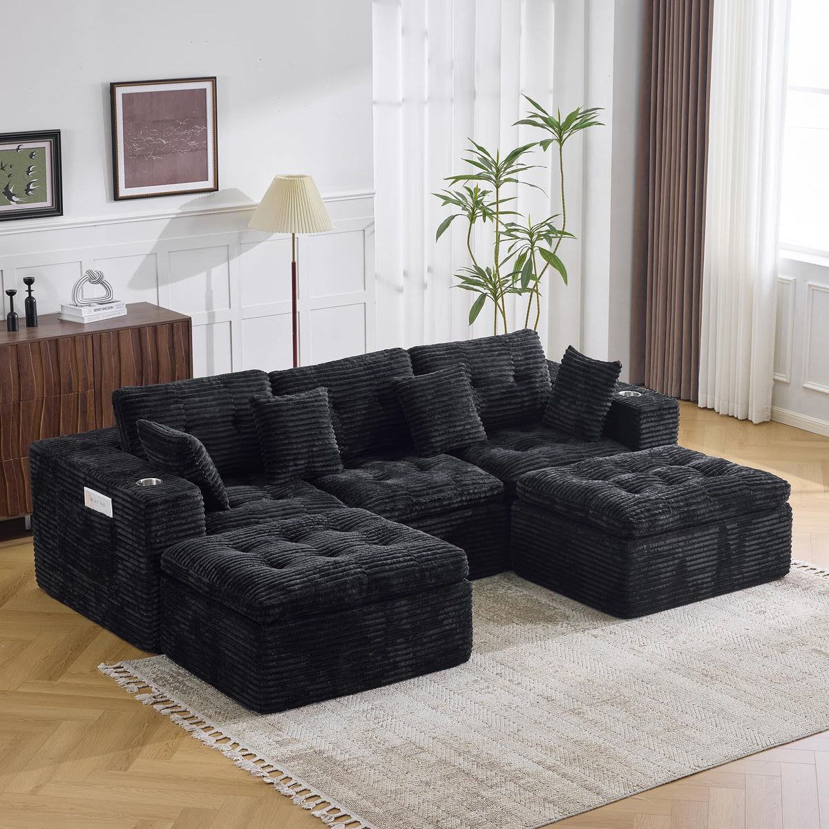 108.08" Boneless Sectional Couch, Modern U Shaped Modular Sectional Sofa Corduroy Upholstered for Living Room Oversized Deep Seat Cloud Couch with 2 Ottoman, No Assembly, Black