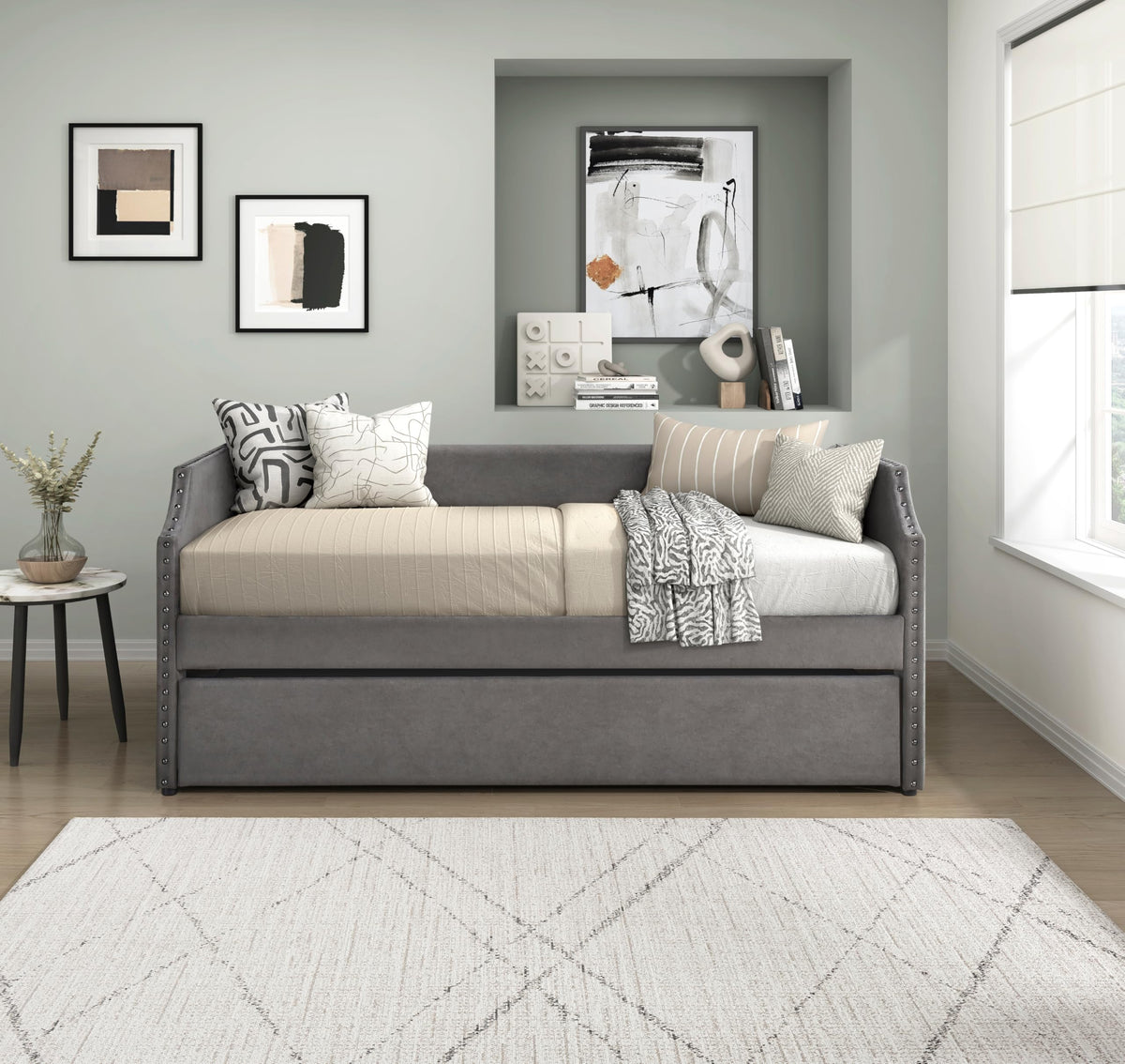 Versatile Daybed with Pull-Out Trundle, Textured Fabric Upholstery