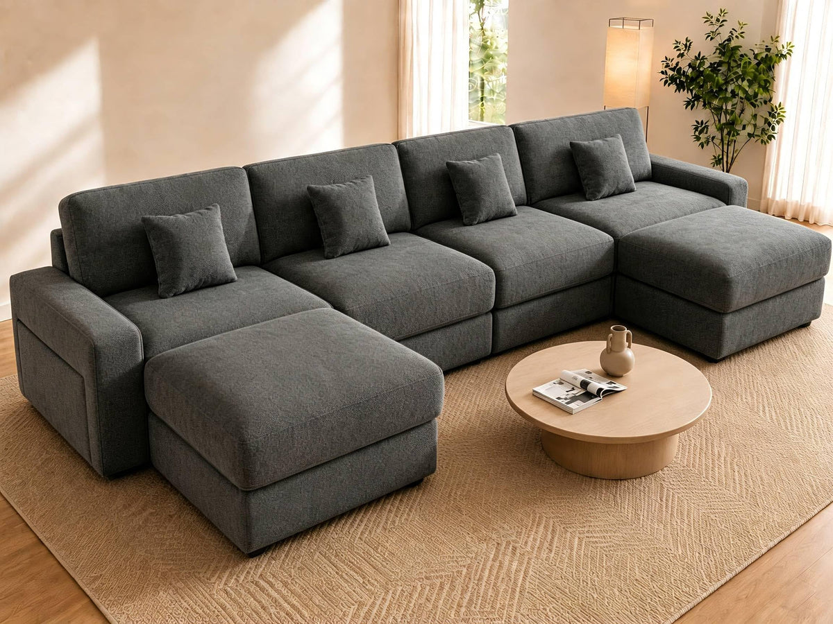 WEUP 148" Modular Sectional U Shaped Sofa Couches,Oversized Cloud Couch with Movable Ottoman,Comfy Chenille Sofa with Pillow,Side Pockets,for Living Room,Bedroom,Apartment,Beige