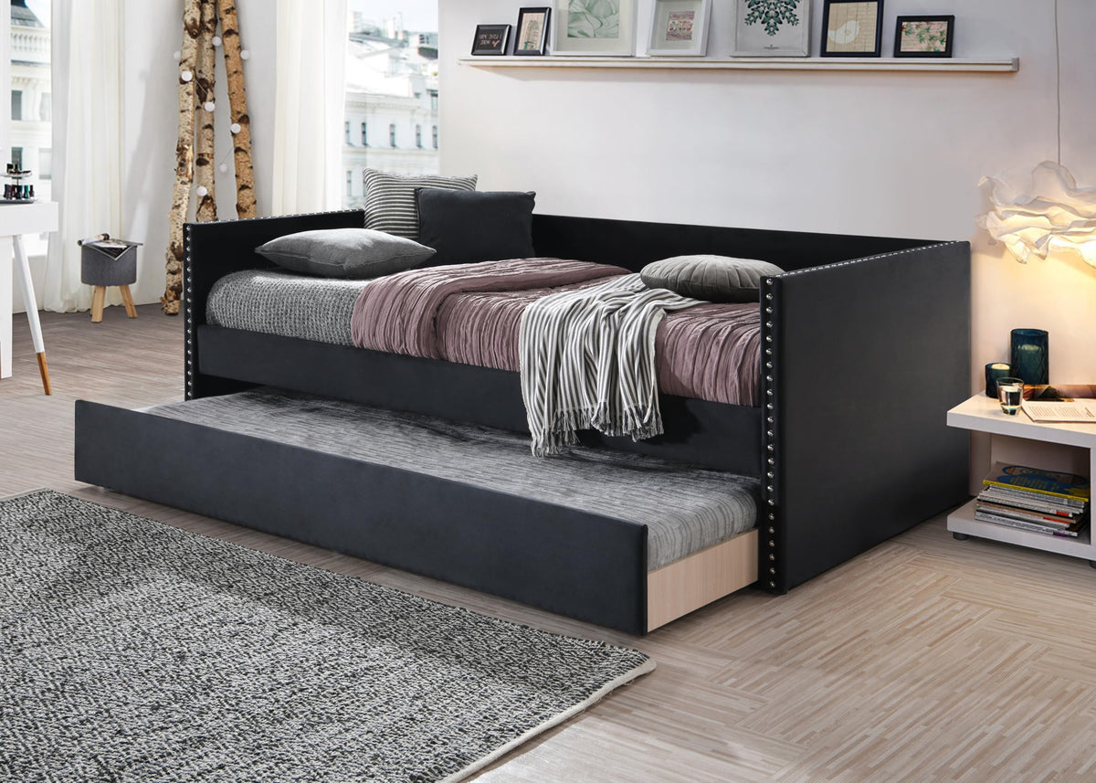 Versatile Daybed with Pull-Out Trundle, Textured Fabric Upholstery