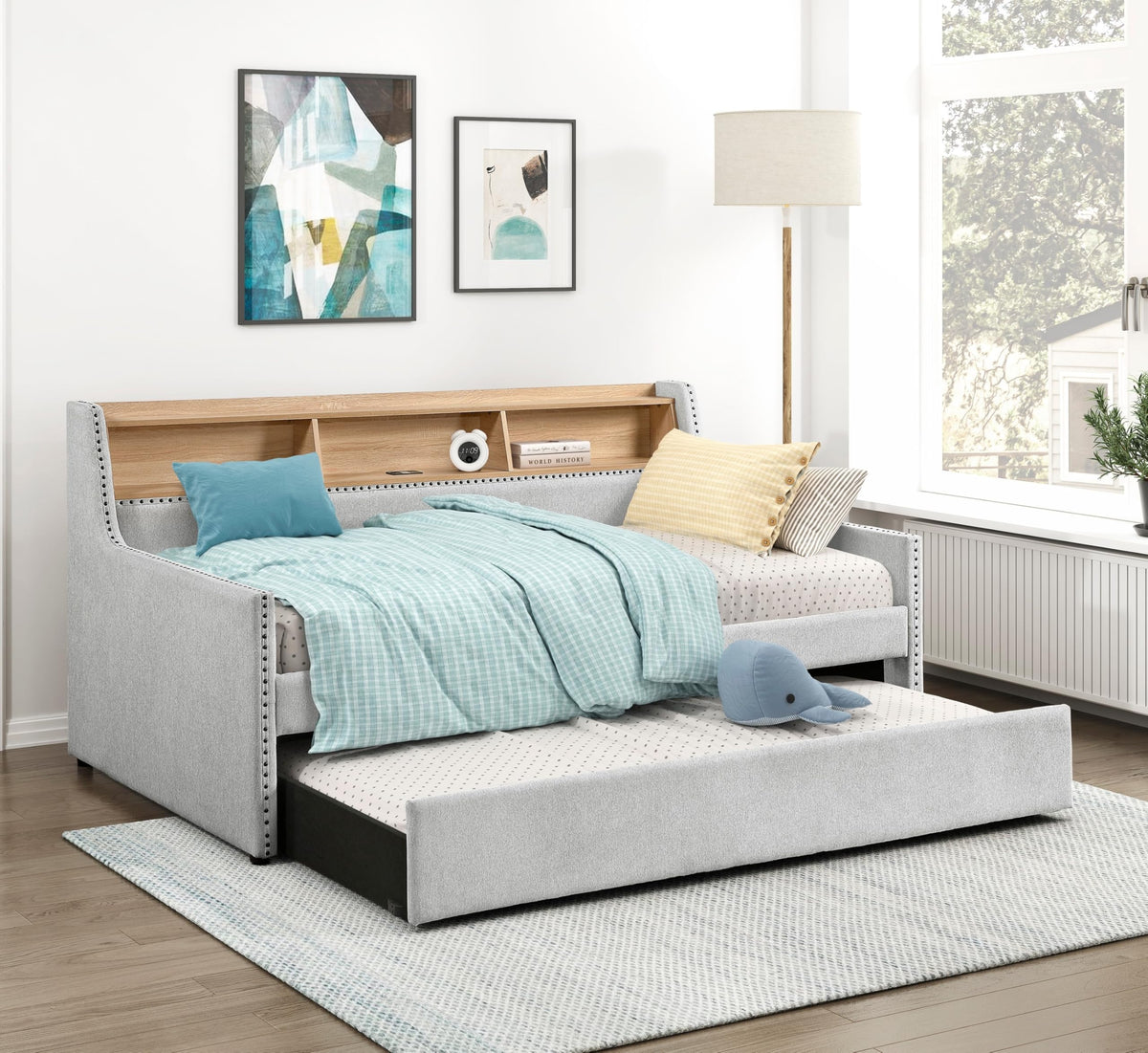 Versatile Daybed with Pull-Out Trundle, Textured Fabric Upholstery