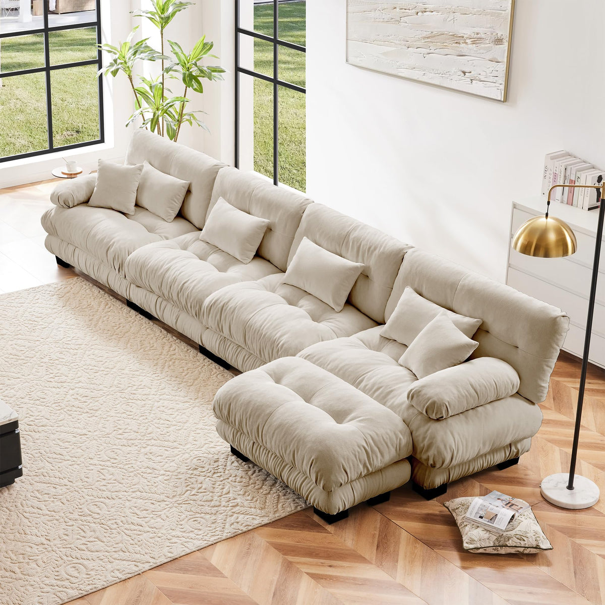130" Modular Sectional Sofa,Velvet Upholstered Couches for Living Room,3 Seater Green Sofa Couch with Movable Ottoman,Big Comfy Loveseat Sofa with Deep Seats for Living Room,Apartment,Bedroom