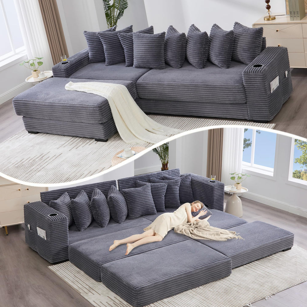 110.75" Modular L Shaped Sofa, Corduroy Fabric Sectional Couch,with a Movable Footstool, Cup Holders,Bring 8 Throw Pillows,Side Pocket,Unfold into a Bed,Dark Gray JZ993