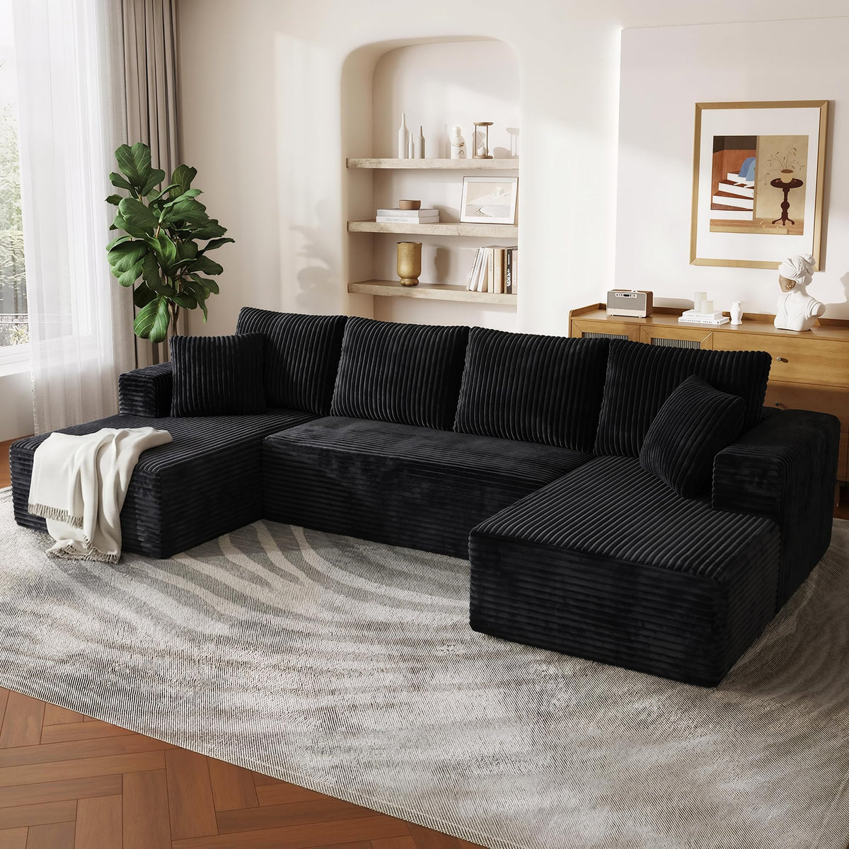 WINBOY 133" U Shaped Modular Sectional Couches with Deep Seat, Double Chaise Lounge, Corduroy Boneless Couch for Living Room, Black