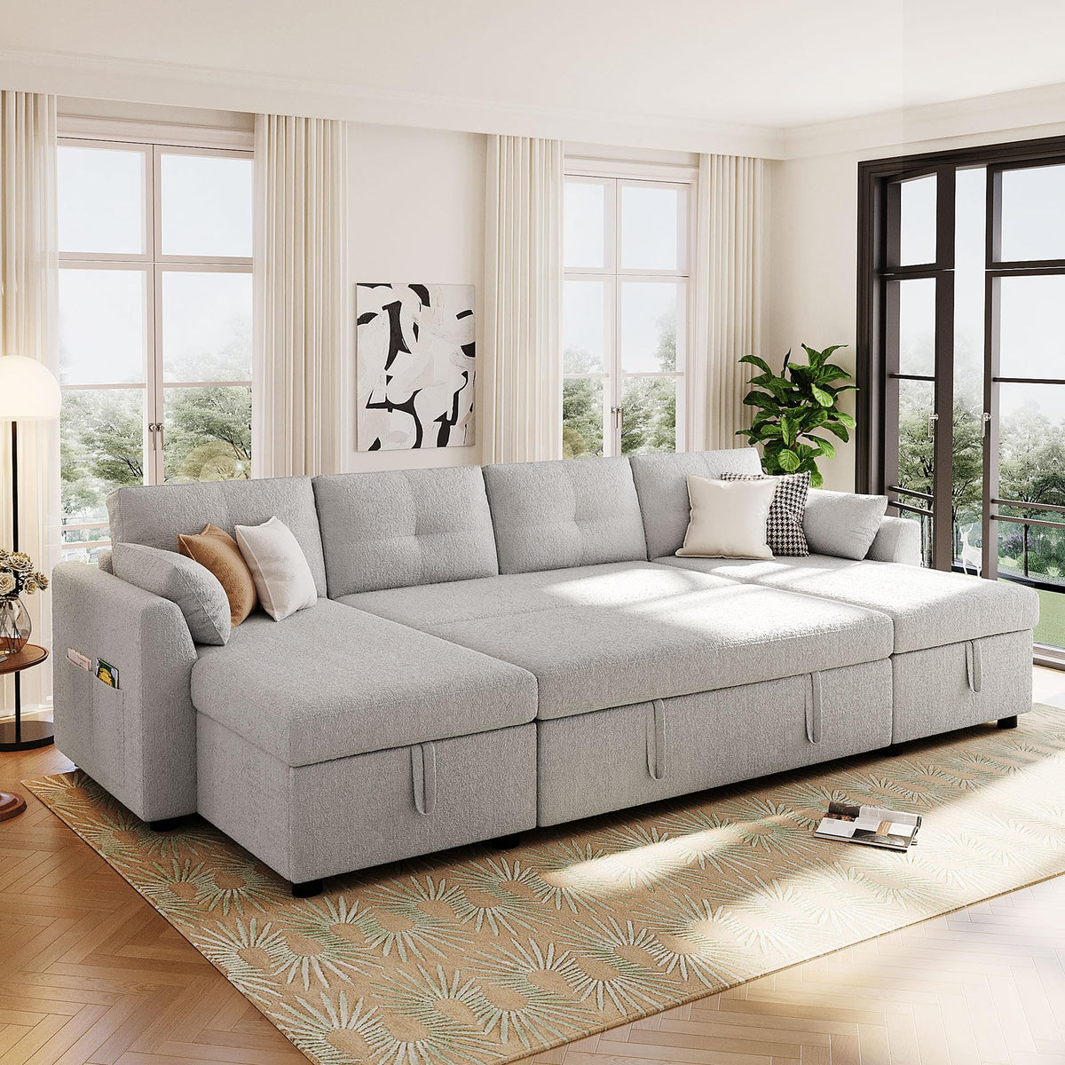 107" U-Shaped Pull-Out Couch Sectional Sofa Bed with USB Charging, Green