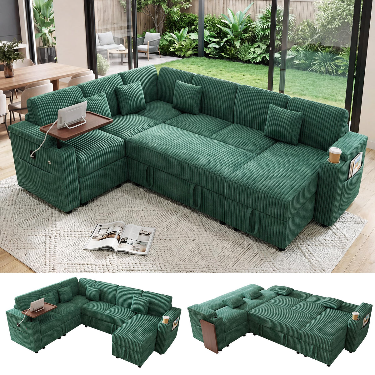 100" U Sectional Sleeper Sofa Pull Out Couch for Living Room, Grey
