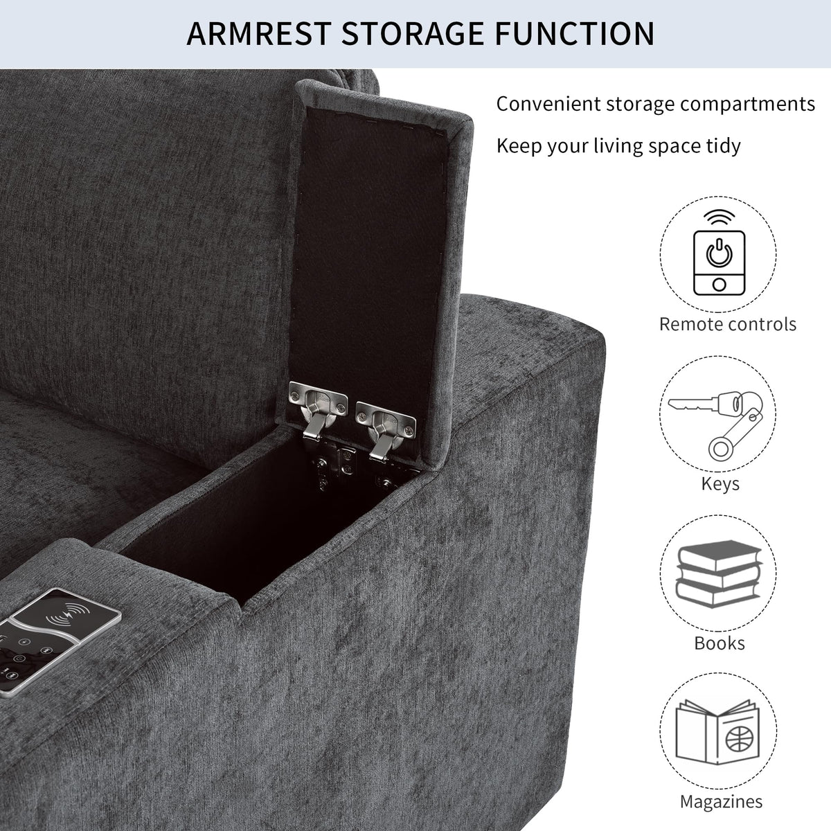 Upholstered Modular Sofa with with Storage Space, USB Charge Ports,Wireless Charging and Built in Speaker in Arm,Sectional Sofa for Living Room Apartment.[Old SKU:WY000317AAE]