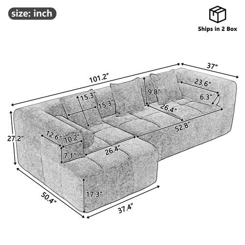 101.2" L-Shaped Sectional Sofa | Chaise Deep Seat | Chenille 3-Seater Sofa with Pillows & 2 Side Pockets| Blue Living Room Furniture| Modular Compressed Couch