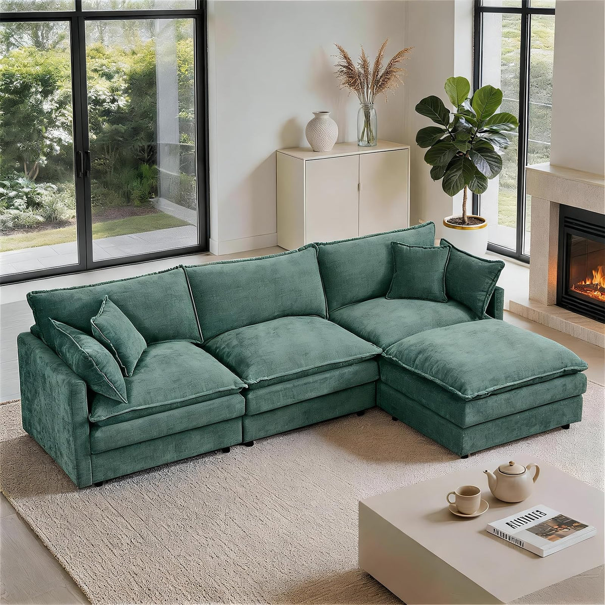 102" Modular Sectional Sofa, Chenille Couch with Ottoman,Beige (1, Camel, 110)