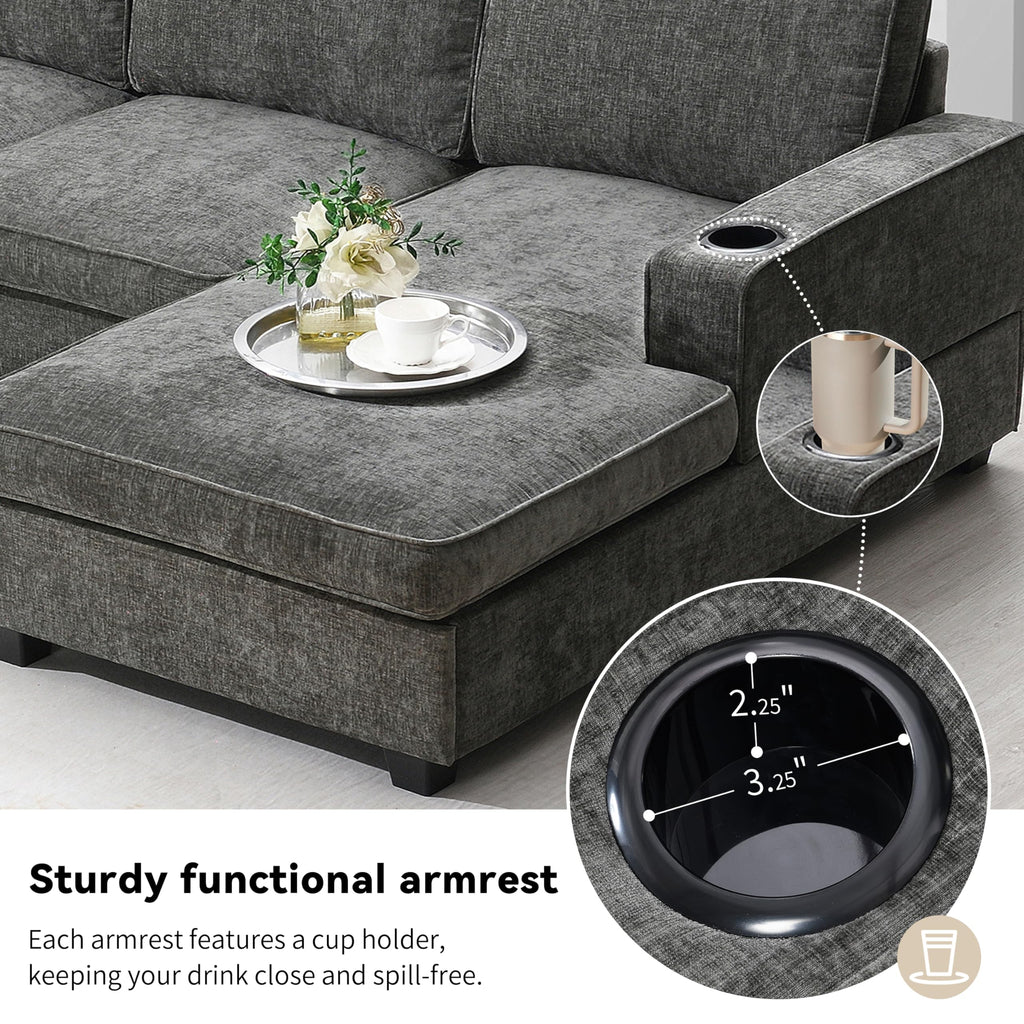 119" U Shaped Sectional Sofa, 6 Seat Chenille Corner Couch Set with Cup Holders, Oversized Chaise Lounge, Irregular Corner, Deep and Wide Seat, Comfy Sofa for Living RoomApartment, 2 Colors