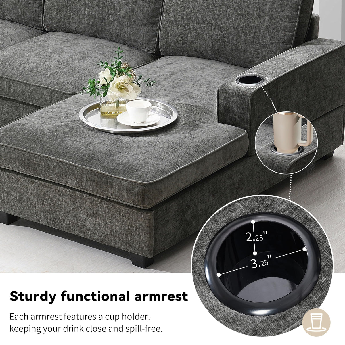 119" U Shaped Sectional Sofa, 6 Seat Chenille Corner Couch Set with Cup Holders, Oversized Chaise Lounge, Irregular Corner, Deep and Wide Seat, Comfy Sofa for Living RoomApartment, 2 Colors