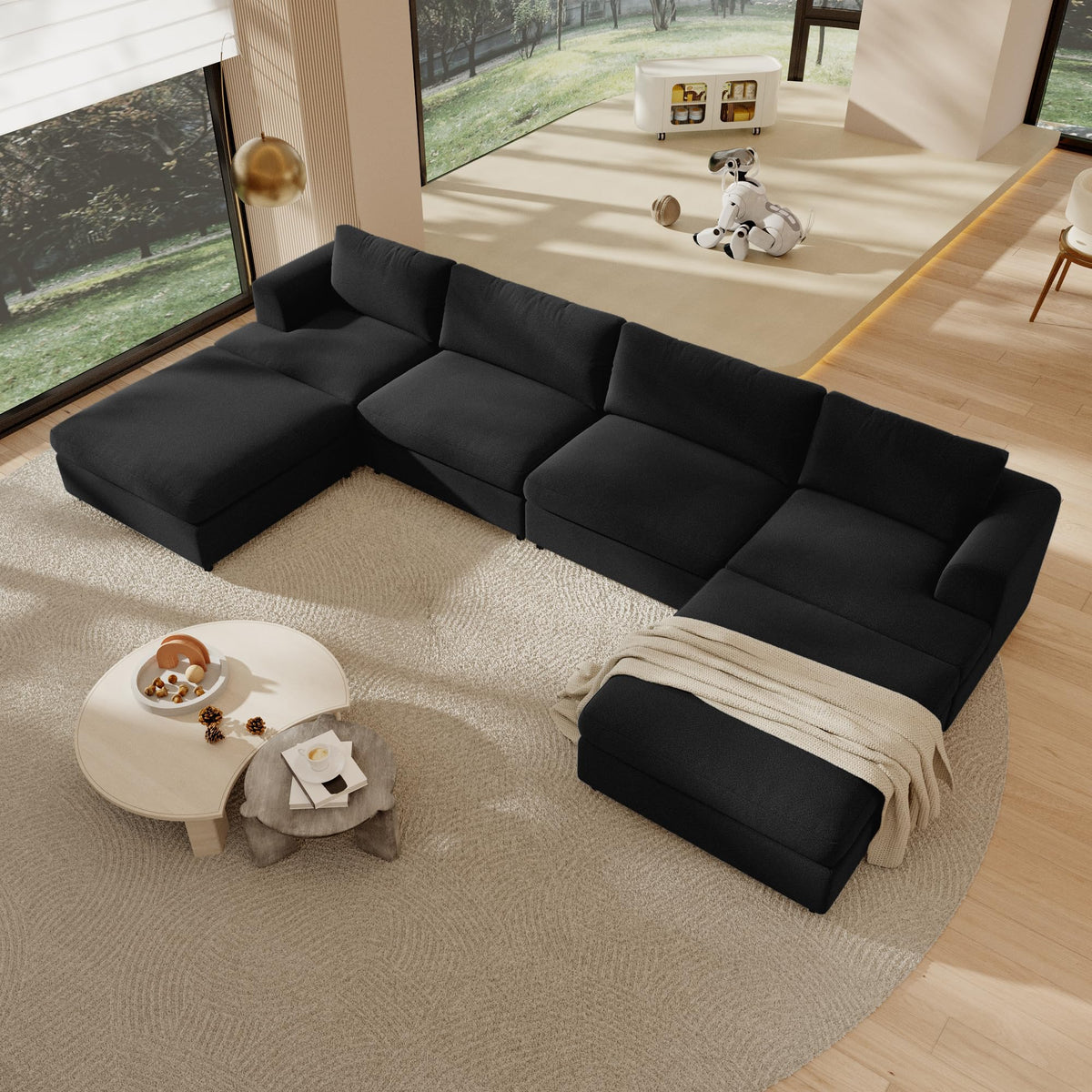 118" V Shape Sectional Sofa Couch, Modern Modular Boucle Cloud Couch with Flexible Layout, Oversized Comfy Upholstered Modular 5-Seats Sectional Couch, White