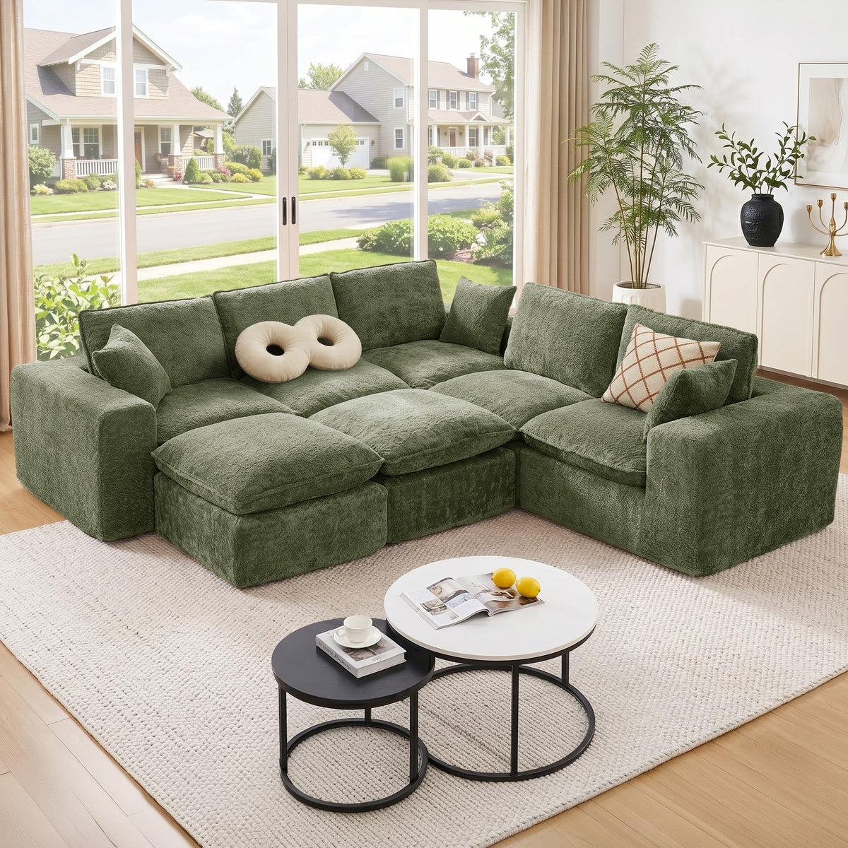 107'' Modular Sectional Sleeper Sofa, 5 Seater Corner Couch, Modern L Shaped Sectional Couch with Ottoman, Boneless Cloud Couches for Living Room (Green, L Shaped Sofa (5+2))