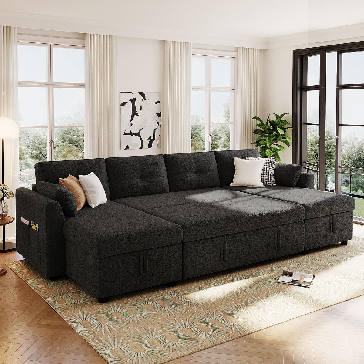 107" U-Shaped Pull-Out Couch Sectional Sofa Bed with USB Charging, Green