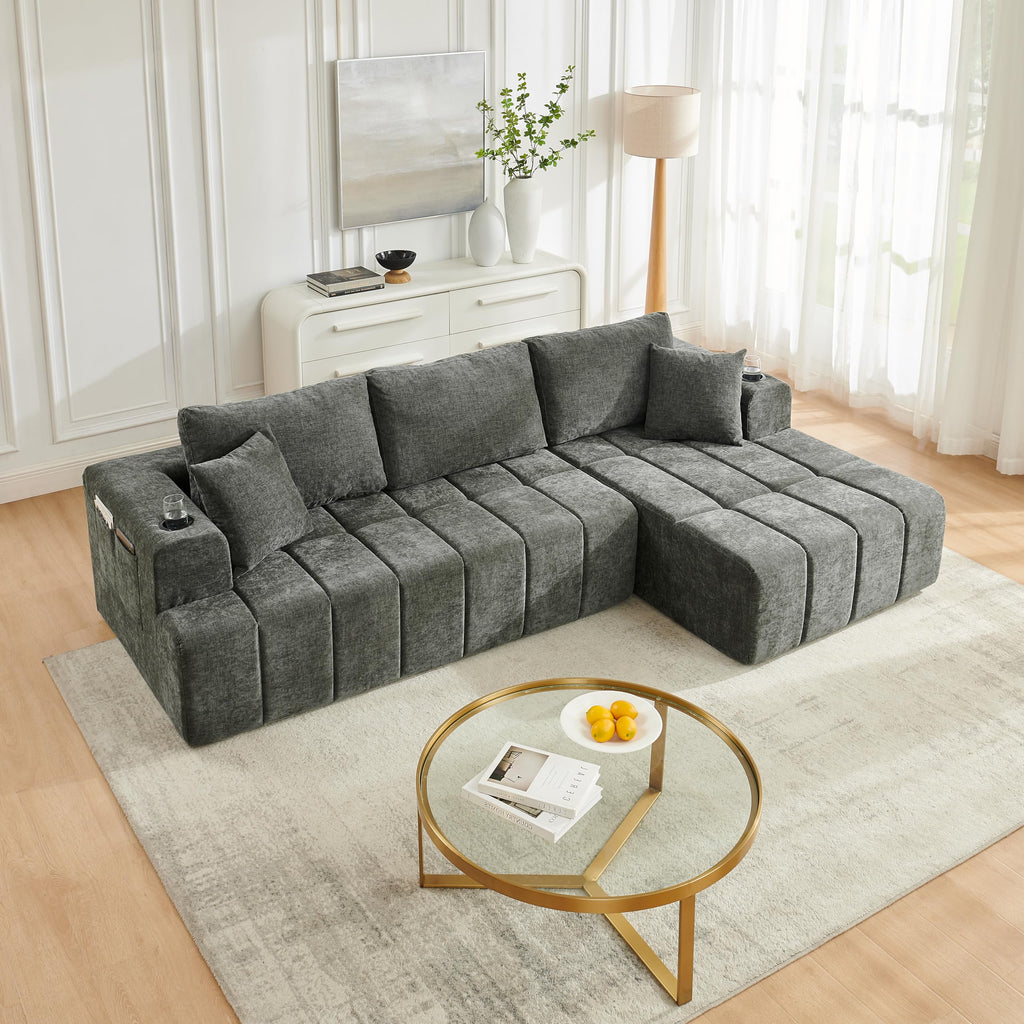 108" Oversized Cloud Boneless Sofa Couch with Chaise, Modern Tufted Chenille L Shaped Modular Sectional Sofa with Deep Seat, Comfy Corner Couch with Cupholders and Storage, No Assembly Required