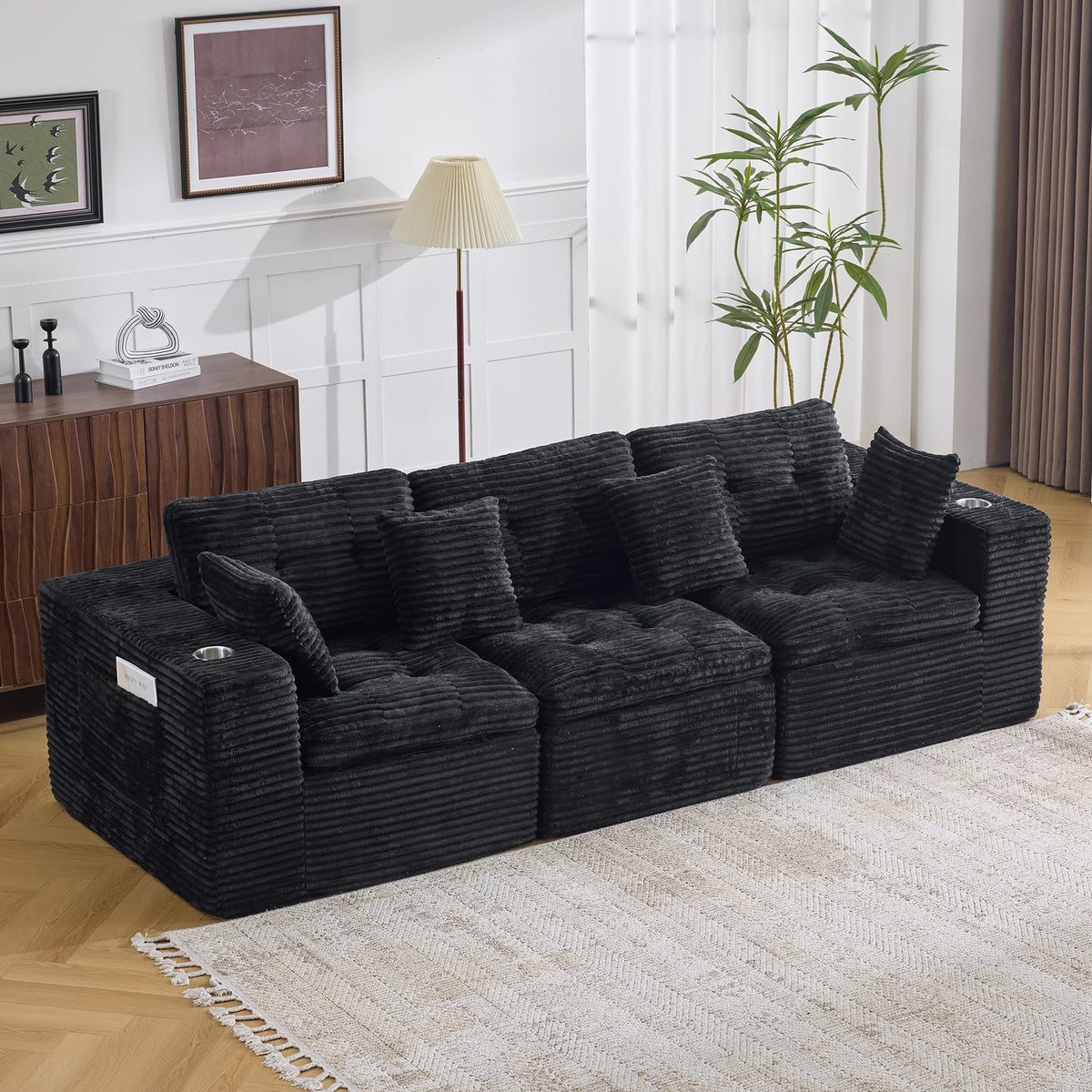 108.08" Boneless Sectional Couch, Modern U Shaped Modular Sectional Sofa Corduroy Upholstered for Living Room Oversized Deep Seat Cloud Couch with 2 Ottoman, No Assembly, Black