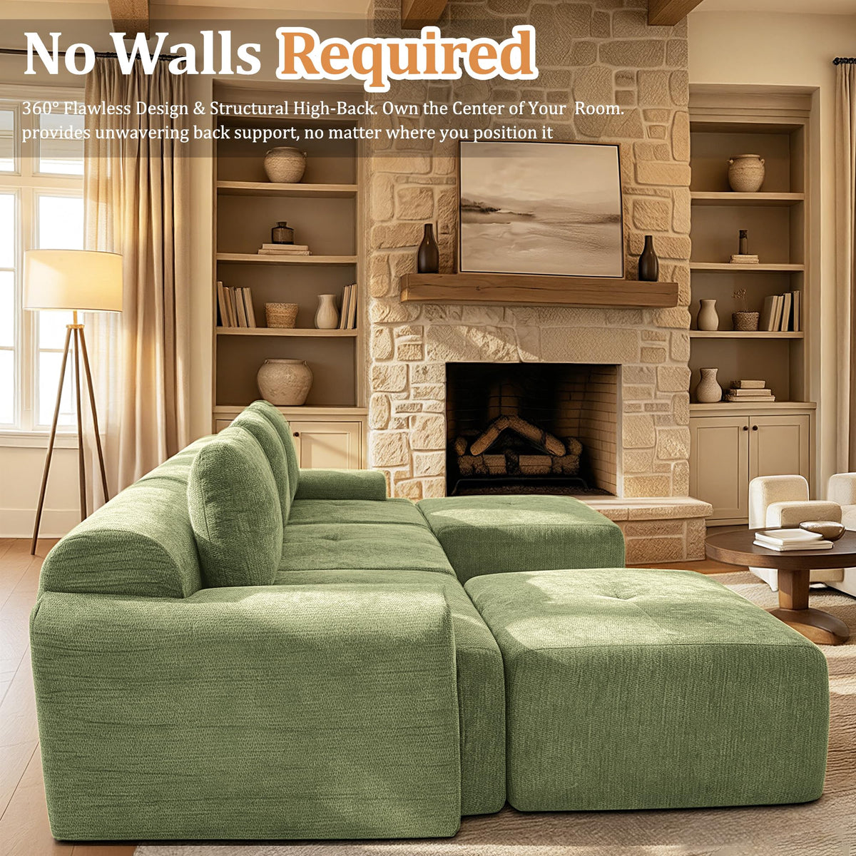 122" L-Shaped Modular Sectional Sofa, Oversized Boneless Cloud Couch for Living Room with Extra Deep Seat & High Back, Tool-Free No Assembly, Soft Chenille (Olive Green, 122 inch-L Shaped（3+1）)