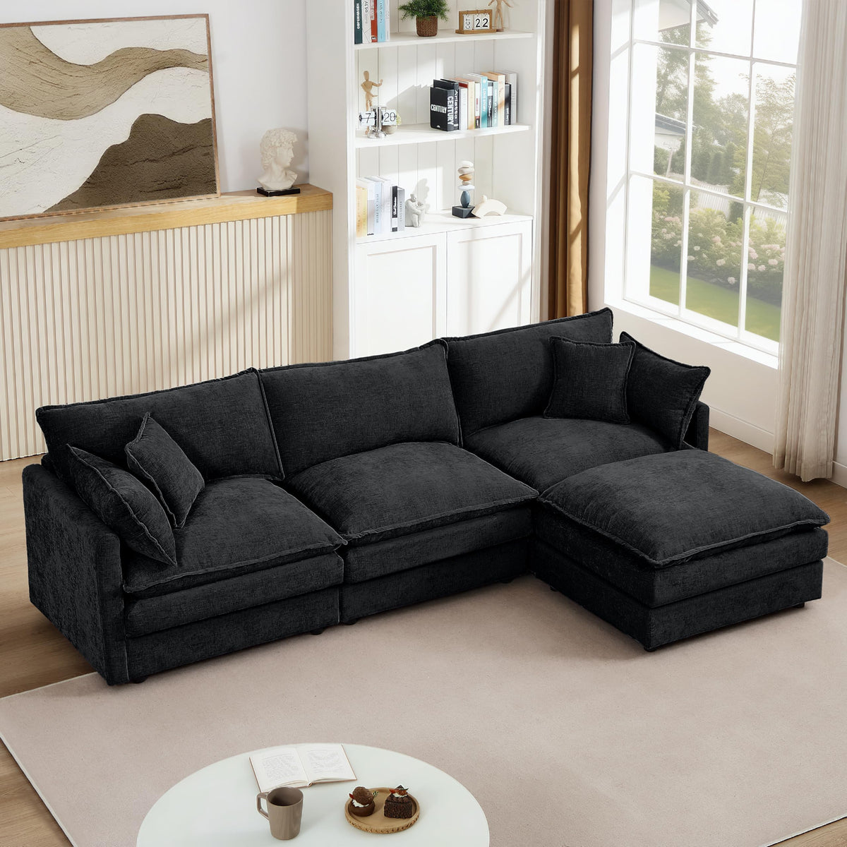 106" U-Shape Modular Sofa w/Ottoman, 4-Seater Chenille Cloud Couch, Coffee
