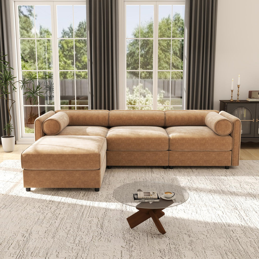 109'' Modular Sectional Sofa, Oversized 4 Seat L Shaped Couch with Storage Ottoman, Extra Deep Seat, Modern Comfy Convertible Chenille Sofa with Chaise, Lounge Couches for Living Room, Camel