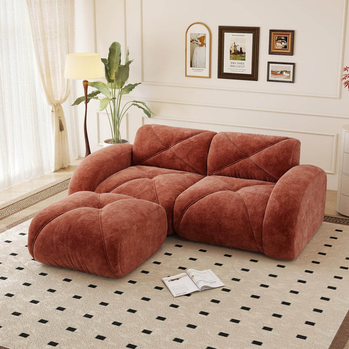 110.6" U Shaped Boneless Couch with Ottoman, Convertible Modular Sectional Cloud Sofa, Deep Seat 5 Seater Velvet Couch, 32D High Density Foam Sofas for Living Room, No Assembly Required, Camel
