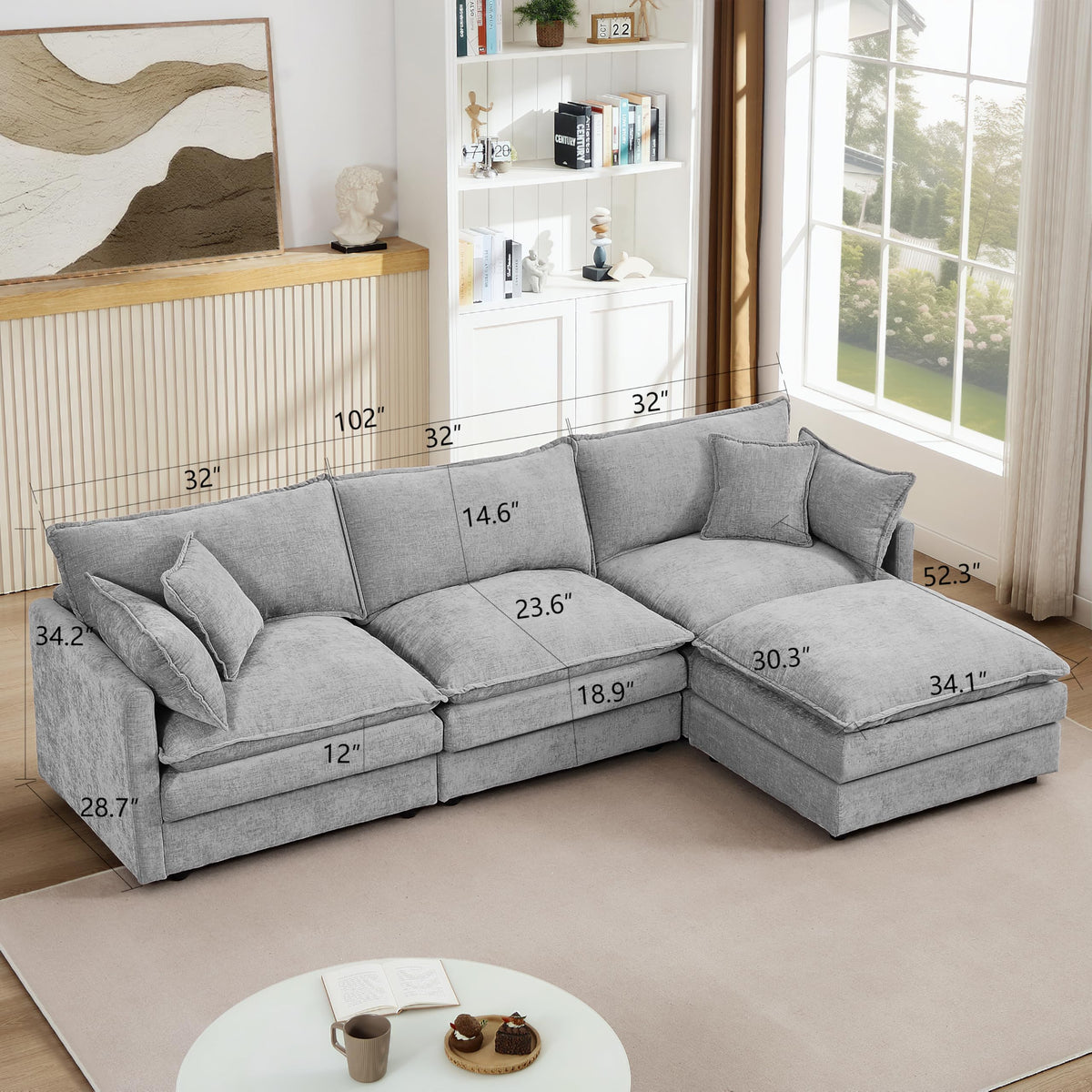 102" Oversized Modular Sectional Cloud Couch with Reversible Ottoman, 4-Seat Convertible L Shaped Deep Seat Sofa with Layers Cushions,Chenille Corner Sofa & Couch for Living Room