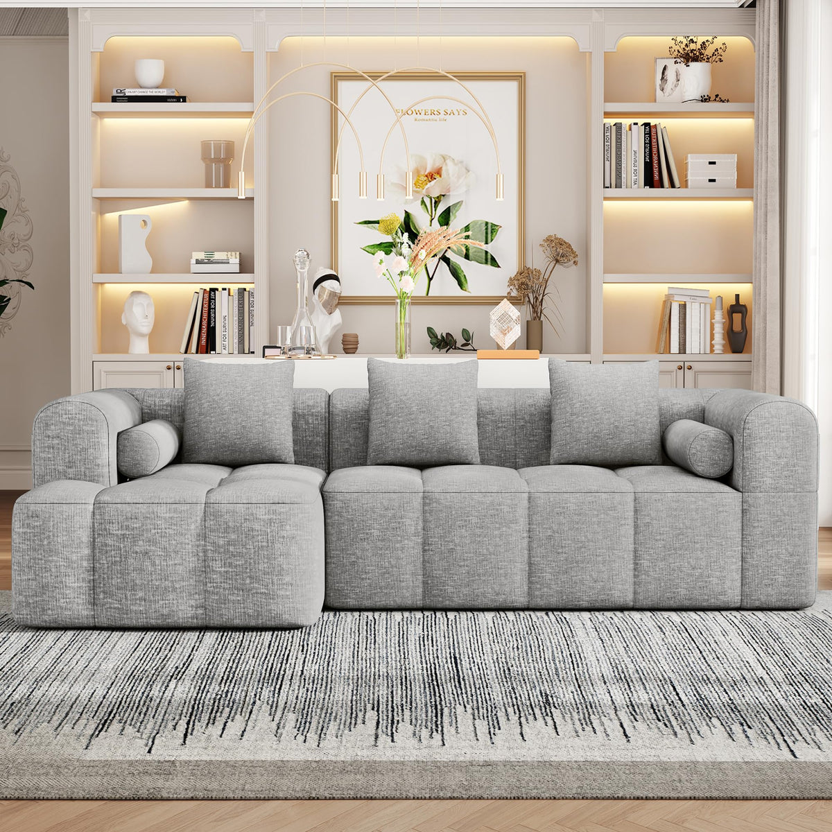 101.2" L-Shaped Sectional Sofa | Chaise Deep Seat | Chenille 3-Seater Sofa with Pillows & 2 Side Pockets| Light Grey Living Room Furniture| Modular Compressed Couch