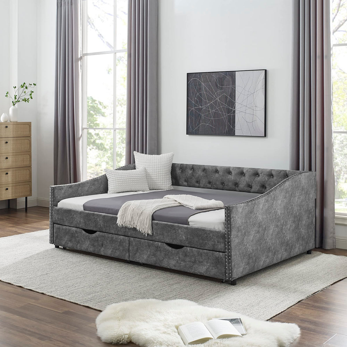 Versatile Daybed with Pull-Out Trundle, Textured Fabric Upholstery