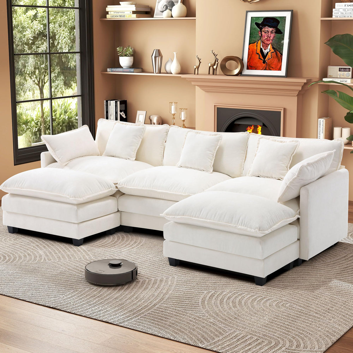 Urhanherry 111.4” L Shape Cloud Couch, Modular Sectional Sofa with Movable Ottoman, 3-Seater Chenille Couches Deep Seat with Throw Pillows for Living Room Apartment （Grey）
