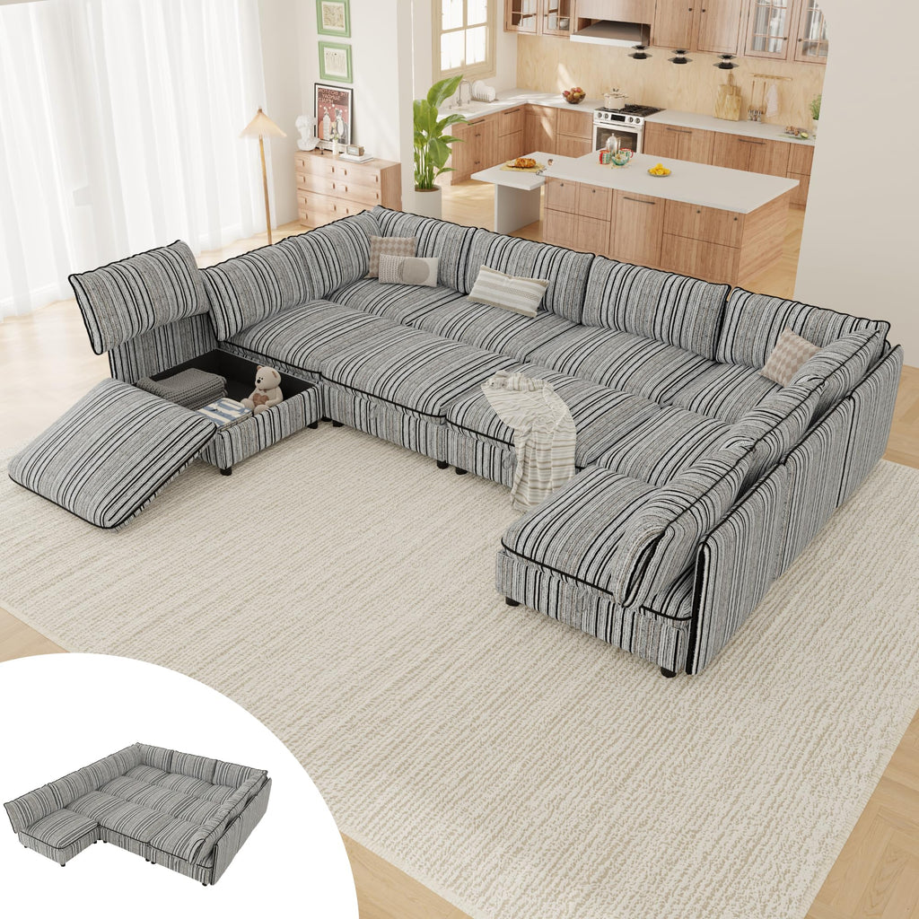 125" Modular Sectional Couch with Hidden Storage, Convertible L U Shaped Sleeper Sofa Bed with Stripe Pattern, 8 Seat Modular Sectional Couch with Ottoman Chaise & Removable Covers for Living Room