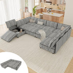 125" Modular Sectional Couch with Hidden Storage, Convertible L U Shaped Sleeper Sofa Bed with Stripe Pattern, 8 Seat Modular Sectional Couch with Ottoman Chaise & Removable Covers for Living Room