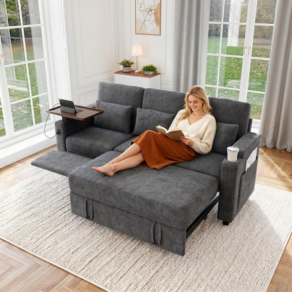 100" Modular Sectional Sleeper Sofa with Pull Out Bed, 7 Seat Corduroy U Shaped Couch with Storage Chaise|6-Position Backrest|Side Table|USB Port, Dark Grey Sectional Couches for Living Room