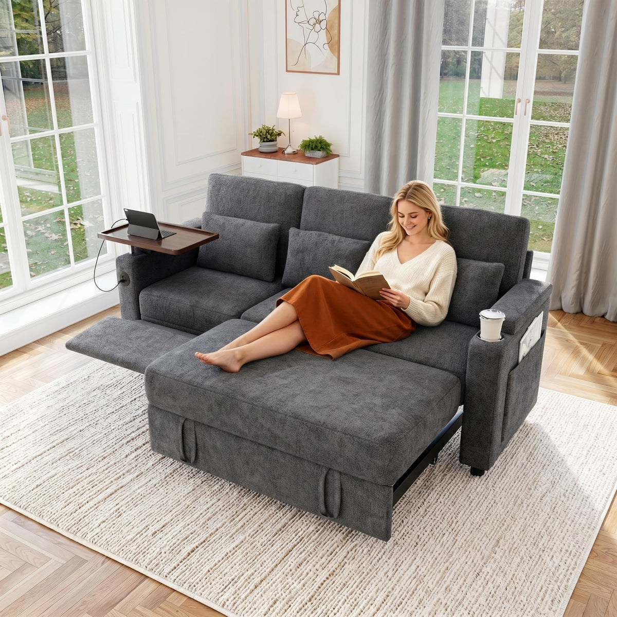100" Modular Sectional Sleeper Sofa with Pull Out Bed, 7 Seat Corduroy U Shaped Couch with Storage Chaise|6-Position Backrest|Side Table|USB Port, Dark Grey Sectional Couches for Living Room