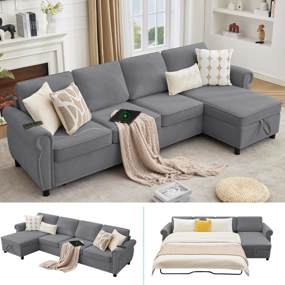 106.5" Pull Out Sofa Bed,L Shaped Modular 4 Seater Couch,2-in-1 Sleeper Sofa,Wireless Charging, USB Charging Ports,Memory Foam Mattress,Storage Space