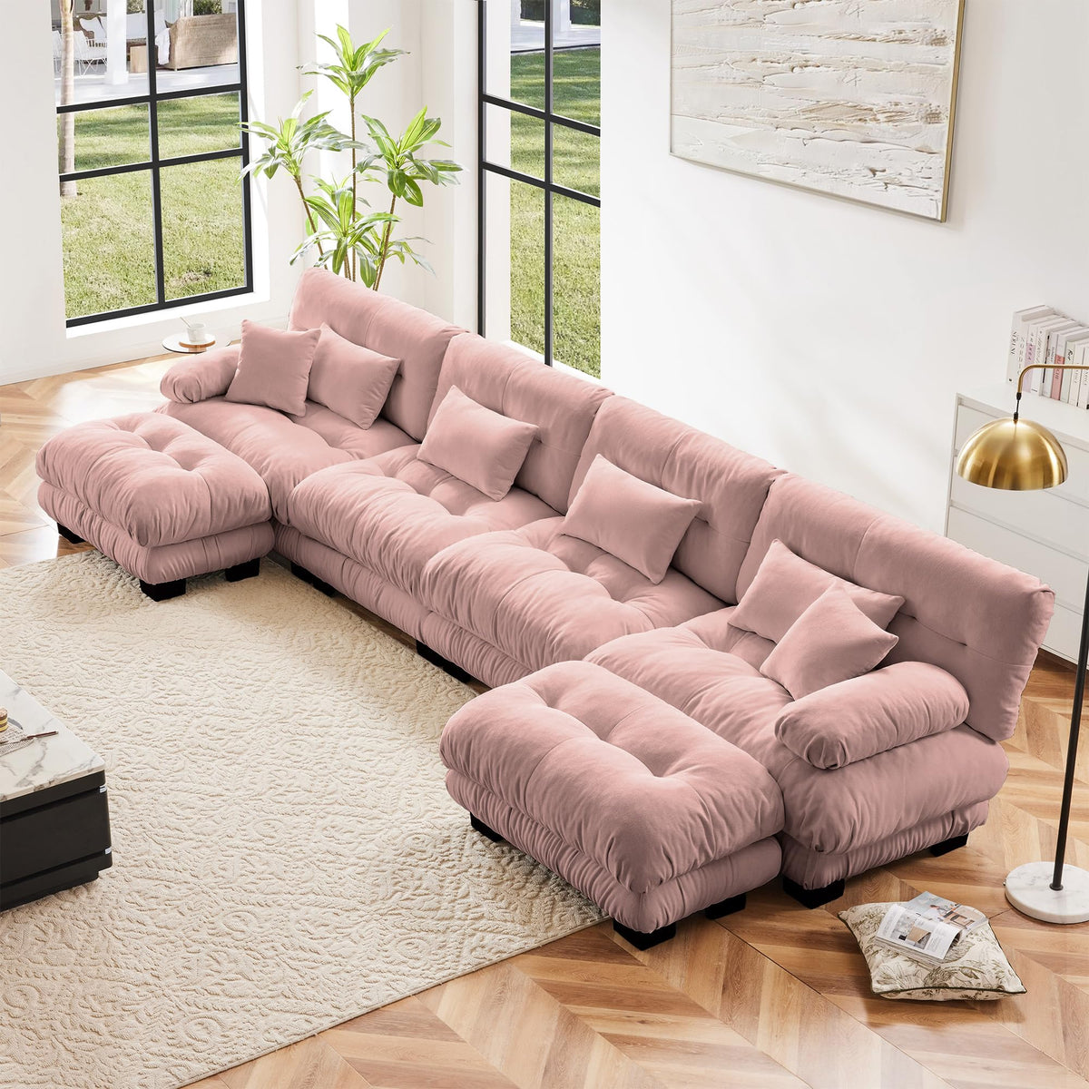 130" Modular Sectional Sofa,Velvet Upholstered Couches for Living Room,3 Seater Green Sofa Couch with Movable Ottoman,Big Comfy Loveseat Sofa with Deep Seats for Living Room,Apartment,Bedroom