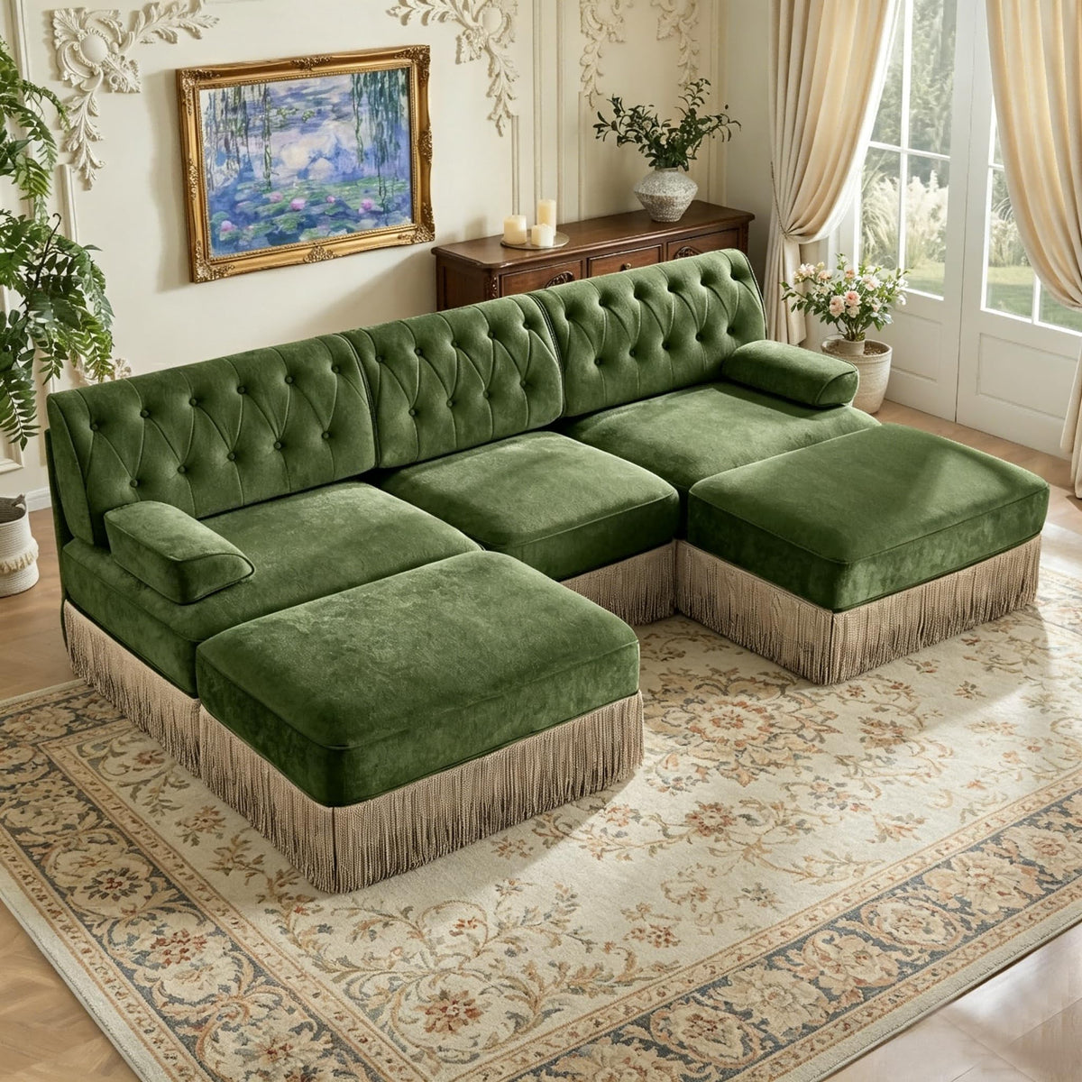 106'' Modern Chesterfield Style 3-Seater Sofa with 2 Ottoman, Upholstered Velvet Modular Sectional Sofa with Button Tufted, U Shape Deep Seat Cloud Sectional Couches for Living Room (Green)