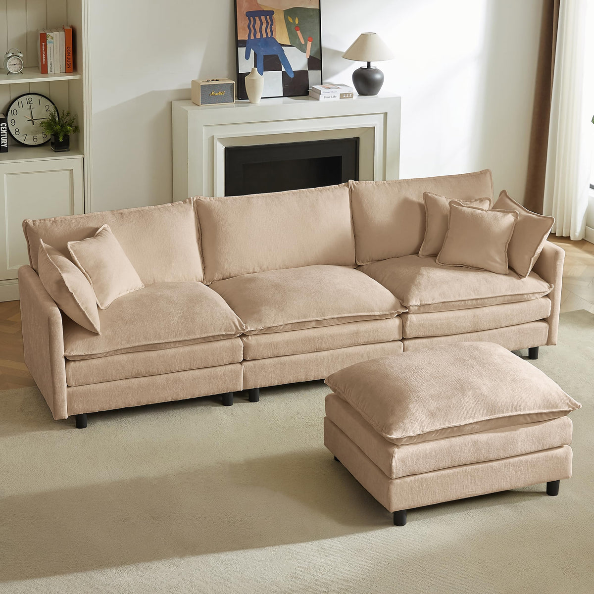 106" U-Shape Modular Sofa w/Ottoman, 4-Seater Chenille Cloud Couch, Coffee