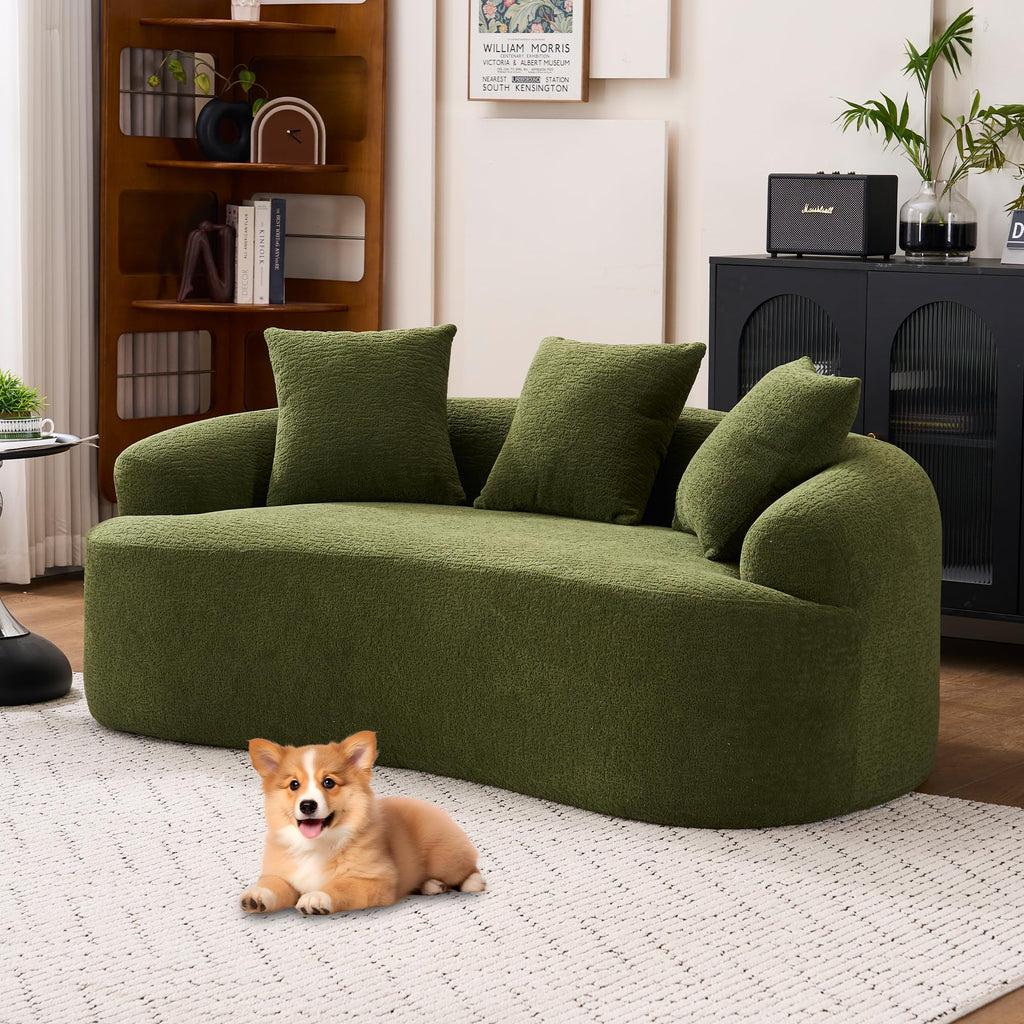 025S Green Curved Loveseat: Compressed No Assembly, Chenille Small Sofa, 30D Sponge, Compact for Apartments, 65" L, 300Lbs, 3 Pillows