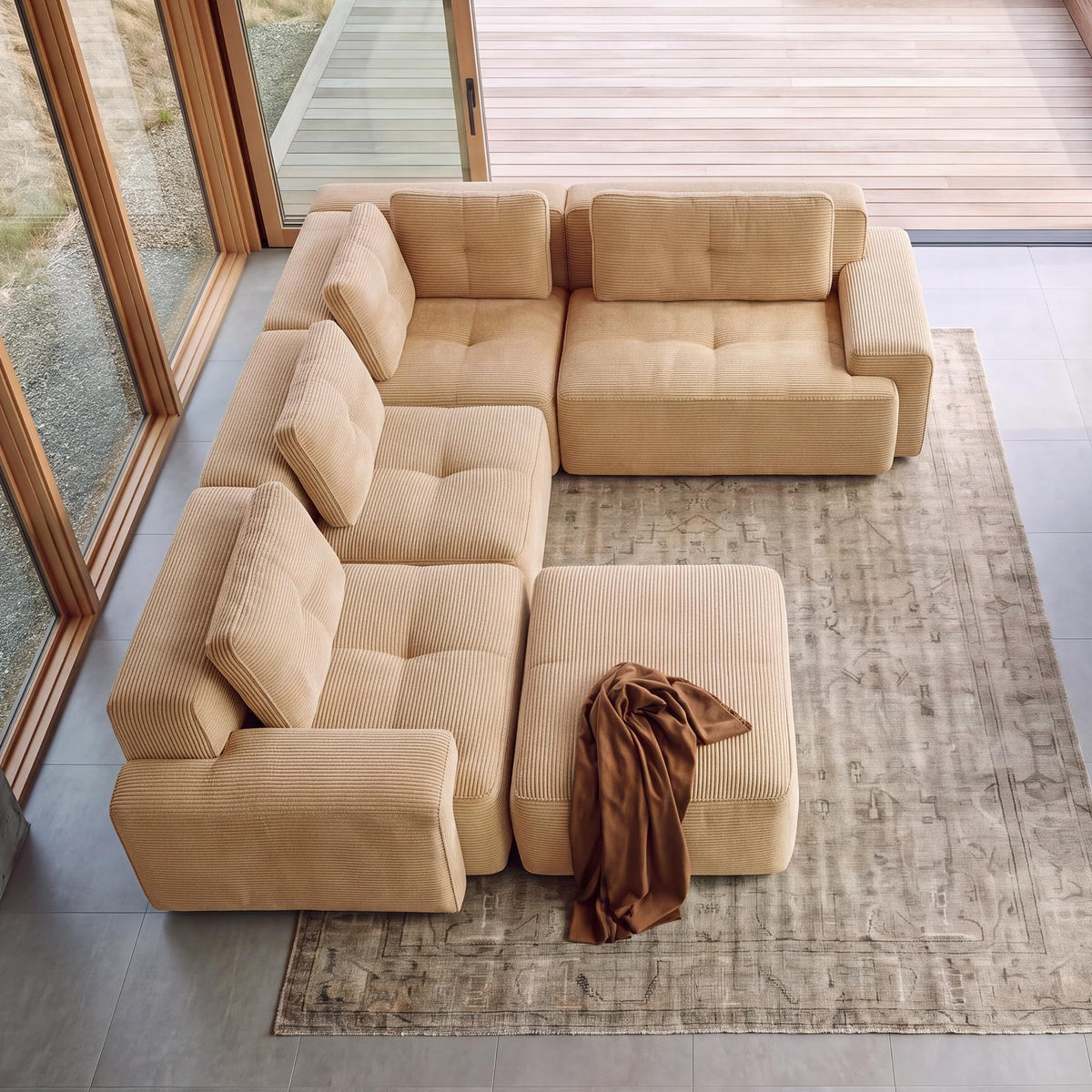 116" Boneless Corner Sectional Couch, 5 Seat Cloud Couches,Camel